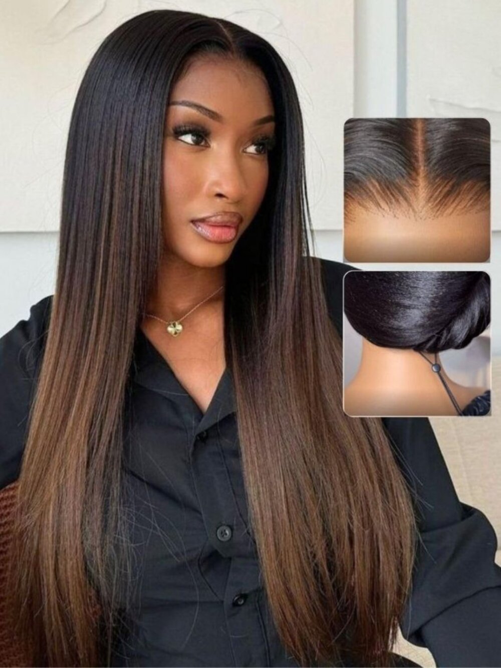 18-Inch Brown Ombre Yaki Straight Human Hair Wig - 7x5 Glueless Style
